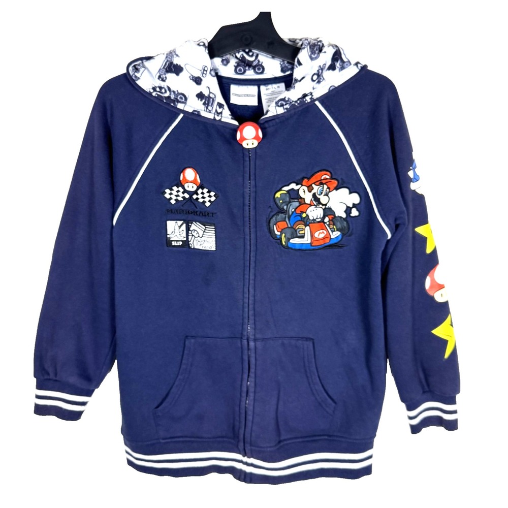 Mariokart Boys Hooded Jacket Full Zip Blue Pockets Size L 10 Nintendo Graphic
